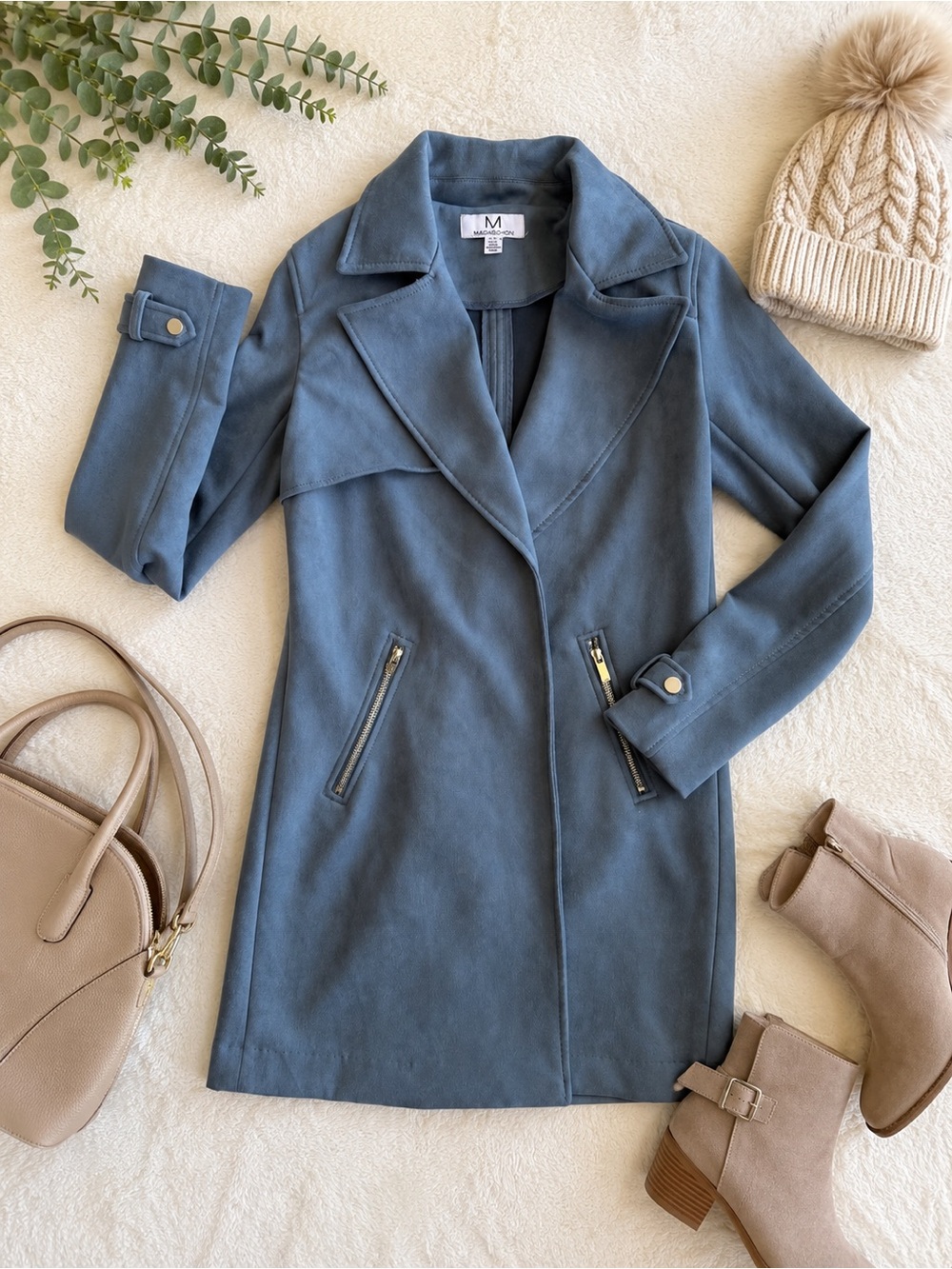 Magaschoni Faux Suede Moto Trench Jacket Blue Gray Small Zip Pocket Coat